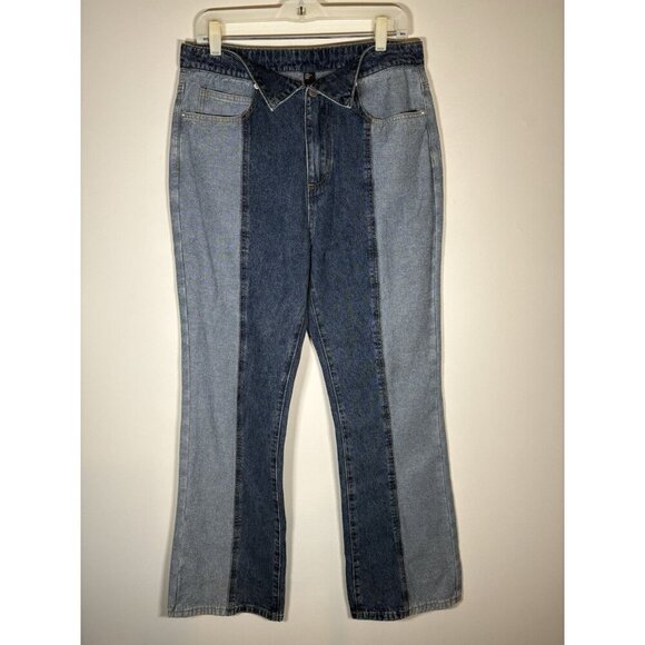 Cider Denim - CIDER‎ Color Block Stripe Straight Leg Jeans Shirt Collar Fold Front Waist Large